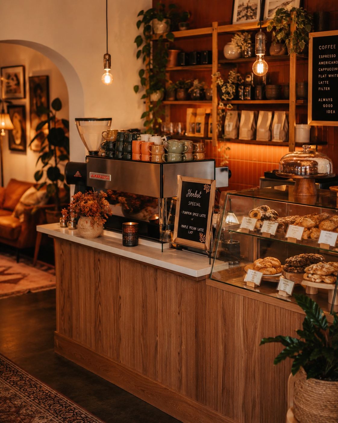 Kuchentheke mit Espressomaschine, bunten Tassen und einer Kreidetafel mit dem Herbst-Special, links ein Torbogen zum Nebenraum