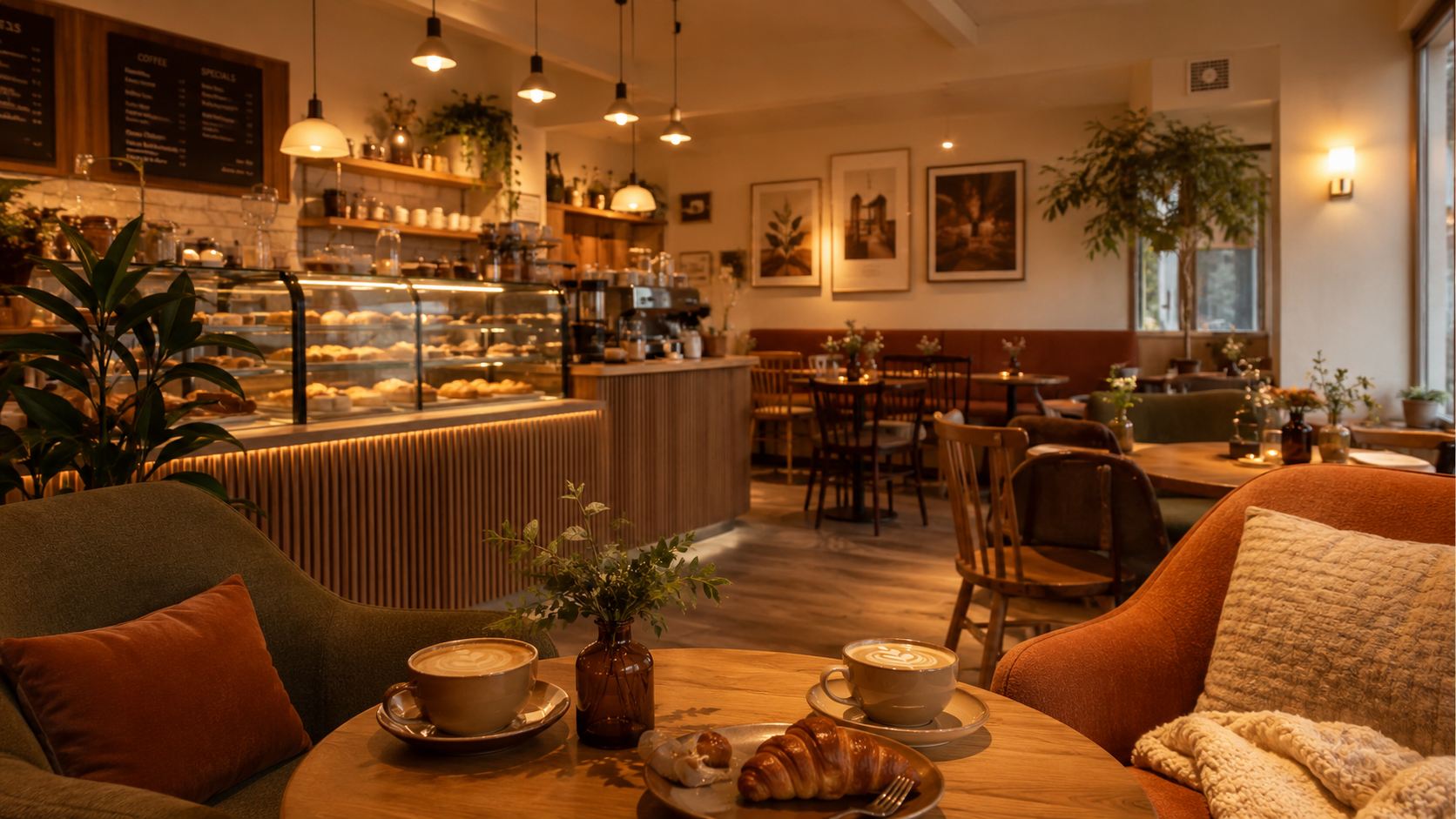 Blick durch den Gastraum: runde Holztische mit Cappuccino und Croissant, dahinter die beleuchtete Kuchentheke und Pendelleuchten